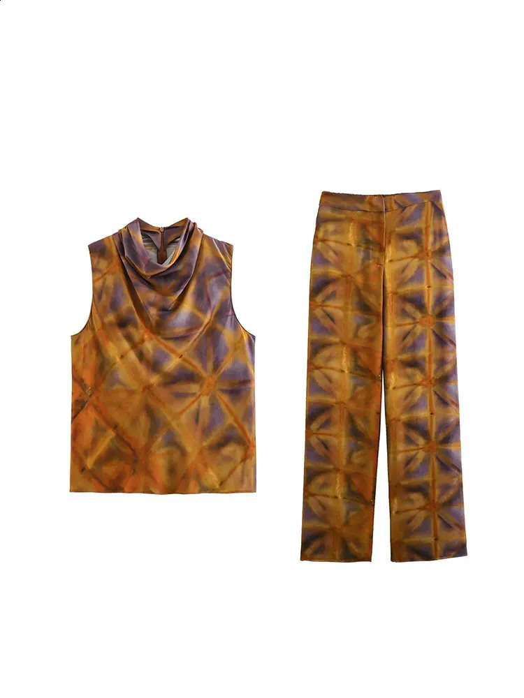 Tinsonan ONeck Sleeveless Back Zipper Top Front Folded Pants Casual Womens Printed Two Piece Set 240814wtt