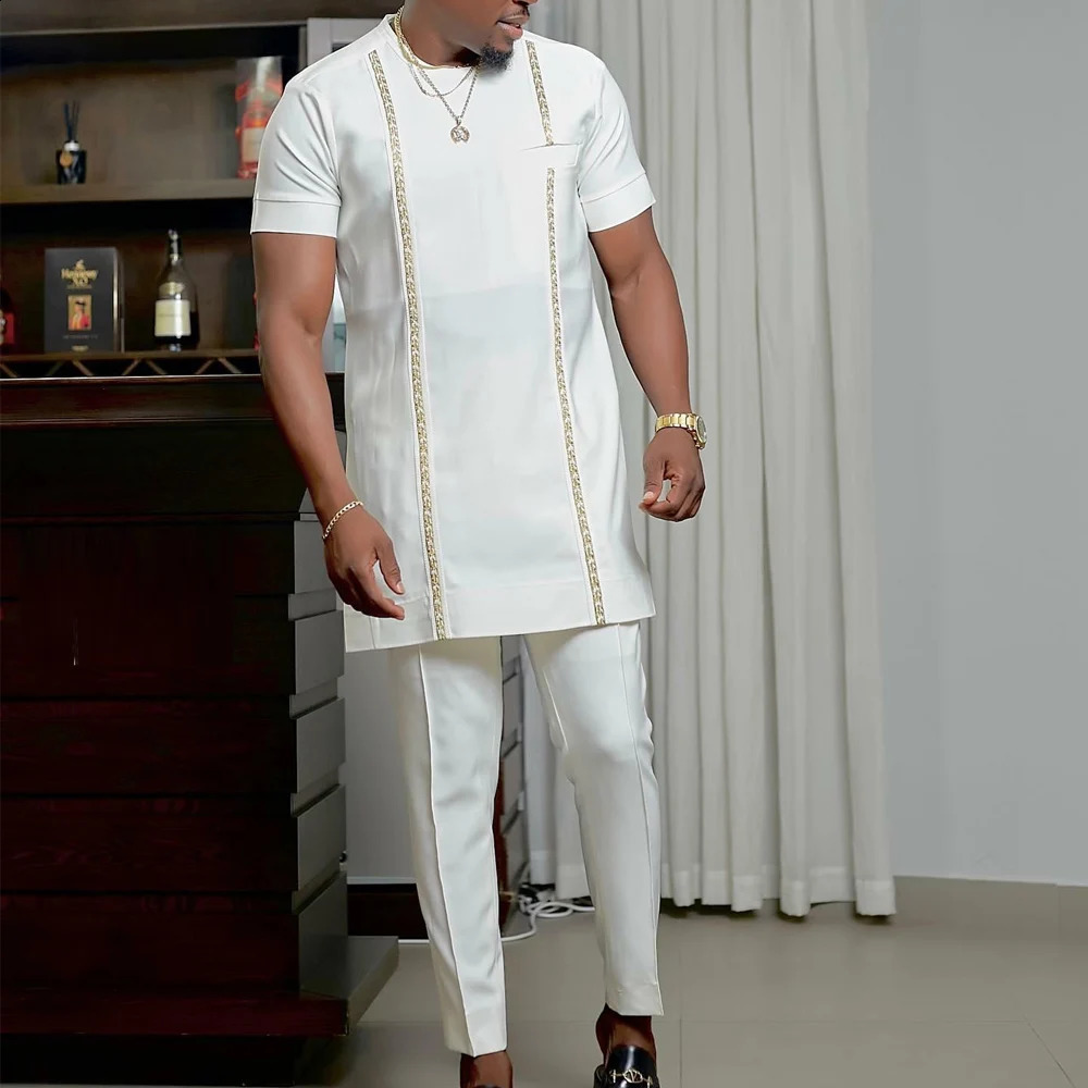 Summer African Men Clothing Suit Dashiki Male Outfits 2PCS Set Solid Color Stitching Short Sleeve Top and Pants Party Business 240814