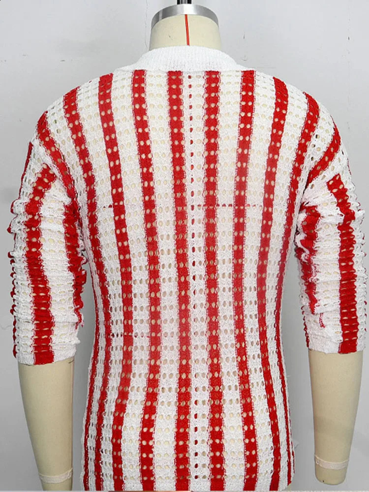 Fashion Hollow Out Knitted Sweater Male Beach See Through Striped Cardigan Sweater 2024 Trendy Long Sleeve Lapel Loose Knit Top 240814