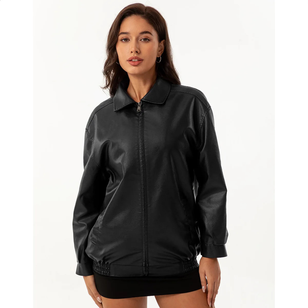 Womens Bomber Jacket Spring Autumn Leather Female Oversize Long Sleeved Lapel Casual Coats 241218