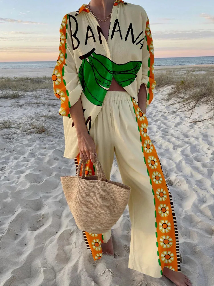 Fashion Casual Women Tropical Funny Banana Printed Loose TwoPiece Set Beach Holiday Outfits 240815