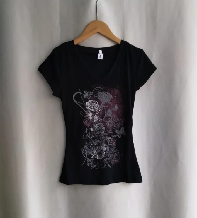 Y2k Aesthetic Flower Printing Women Grunge Tshirts Retro Ultra Thin Harajuku Waist Black Tshirt Summer Bottom Crop Top 240814