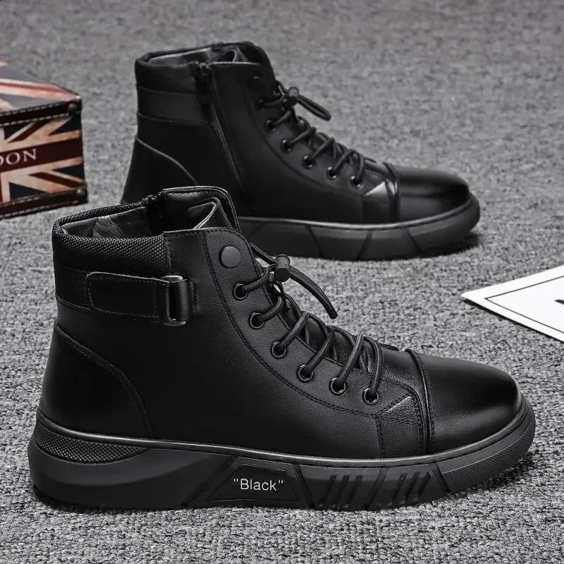 Ankle Boots Black PU Leather Mens Sports Shoes Autumn Winter Comfortable High-top Casual Fashion Platform Boots Man Round Head 240828