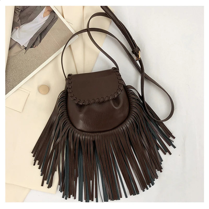 Women Leather Cross Body Bags Vintage Tassle Women Shoulder Bags Small Women Phone Bags Drop 240815