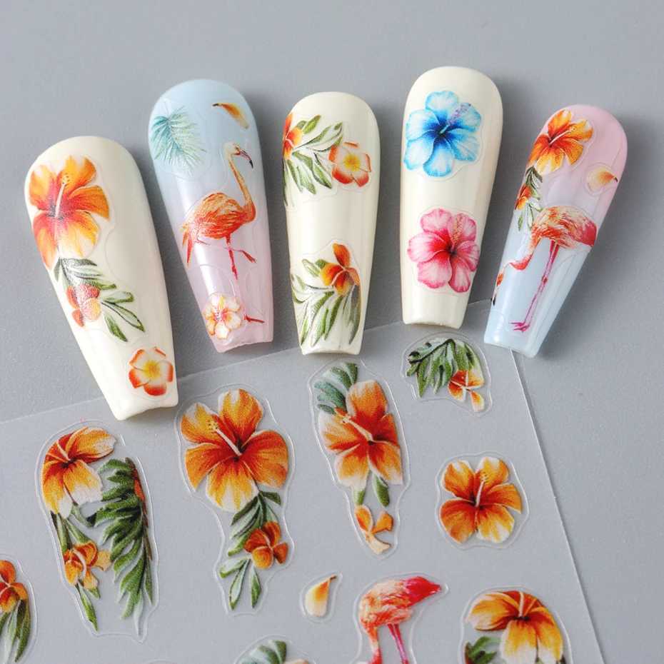 Green Coconut Tree Beach Nail Sticker Tropical Flamingo Flower Leaf Summer Nail Art Decals Adhesive Sliders Decorations ManicureXJ240814