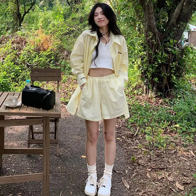 Women Summer Casual Loose Solid Color Polo-Neck Long Sleeve Office Lady Shirts Ladies Fashion All-match Wide Leg Two Piece Set 240814