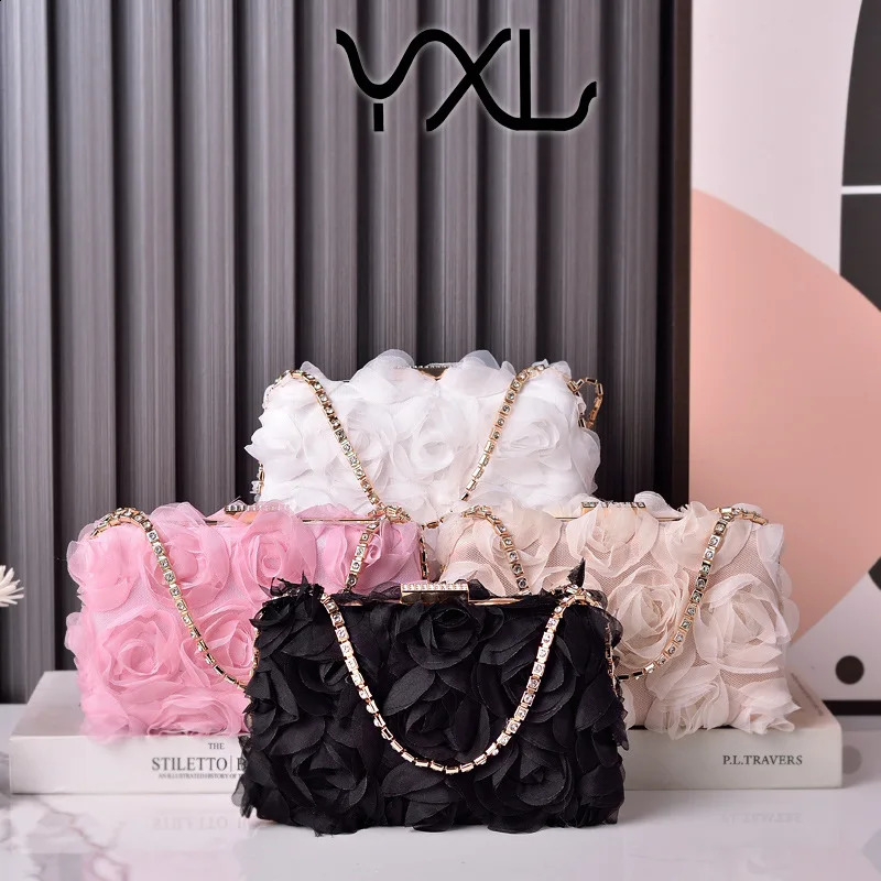 Chiffon Flower Evening Bag Champagne Color Ladies Cheongsam Bag Handmade Dress Bag Diamond Jewelry Bag 240813