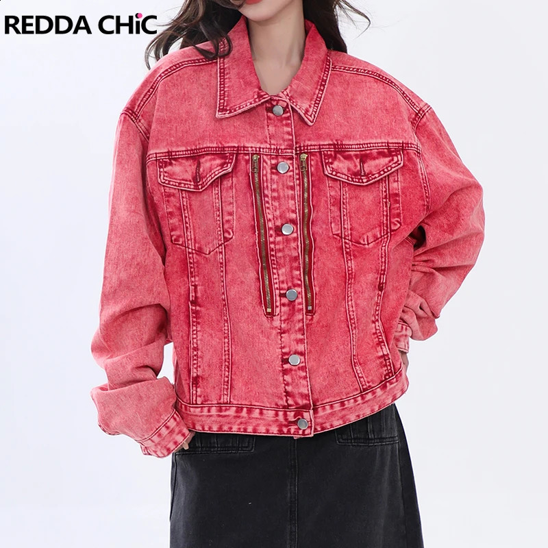 REDDACHiC Y2k Red Distressed Women Bomber Jacket Vintage Wash Zipper Patchwork Demi-season Denim Jacket Korean Vintage Clothes 240814