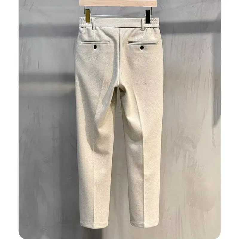 Mens elastic button zipper pleated pocket spliced straight slim fit business casual spring and autumn winter solid color wool pantsW240725