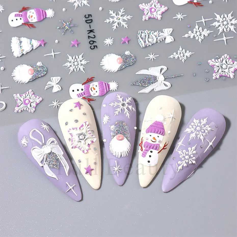 5D Embossed Christmas Nail Stickers Shiny Glitter Gold Silver Snowflake Snowman Santa Claus Tree Winter Xmas Nail Decor DecalsXJ240814