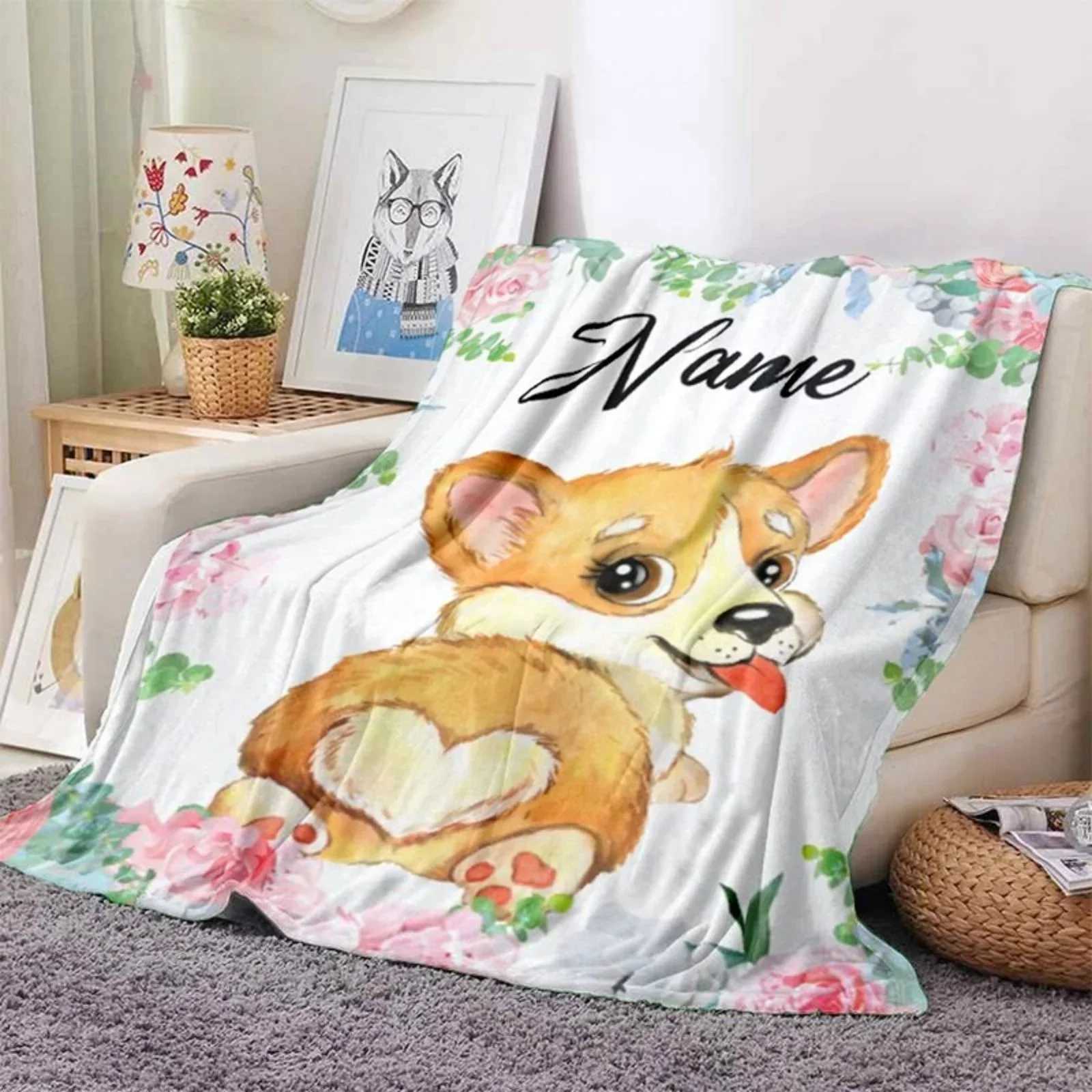 Custom Pet Name Blanket Warm Flannel Throw Blanket for Kids Adult Lightweight Soft Corgi Blankets for Bed Sofa Airplane 70x100cm Y240815
