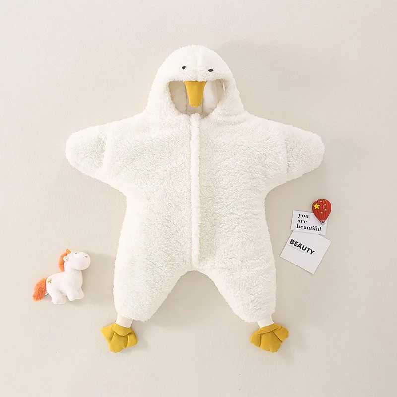 Umorden Baby Winter Wearable Swaddling Blankets Infant Sleep Sack Bag White Goose Costume Romper Outwear Warm Fleece Y240814
