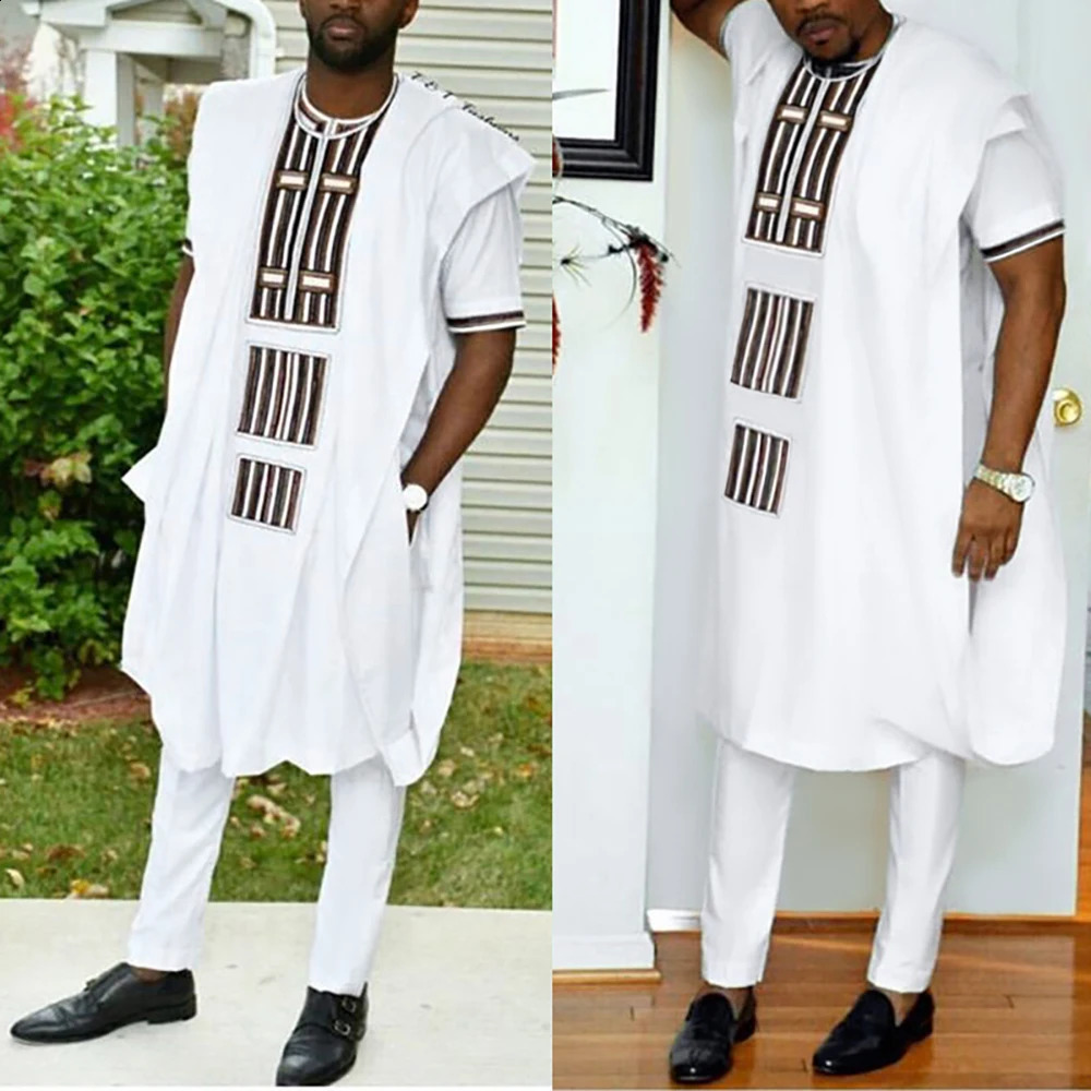 H D African Boubou Men Agbada 3 pieces Set Dashiki Mens Shirt Pants Suit Embroidered Clothes Wedding Tops Pants Suit PH3058 240814