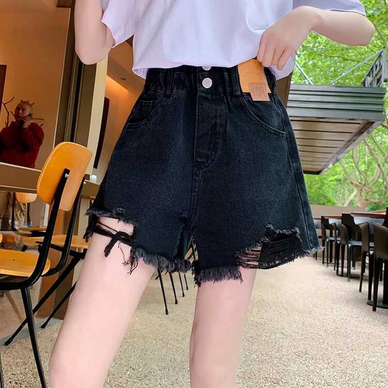 Childrens girls summer shorts retro tear hole casual style elastic waist jeans childrens clothing 6 8 10 12 14 years old W240813