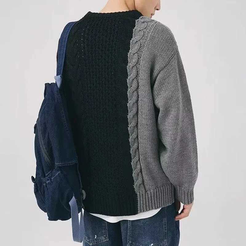 New Spring and Autumn Fashion Brand Splice Contrast Round Neck Loose Versatile Fried Dough Twists Pullover Casual Mens SweaterXJ240814
