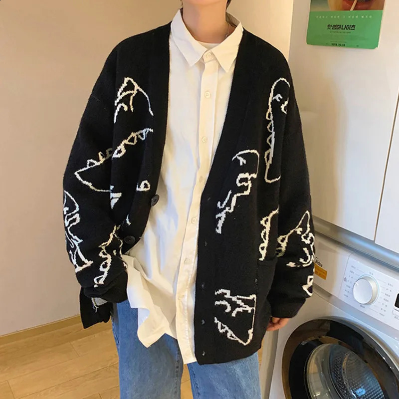 Autumn Oversize Cardigan Men Knitted Dinosaur Sweater Streetwear Loose Male Women Coat Doodle Hip Hop Pattern Winter 240814