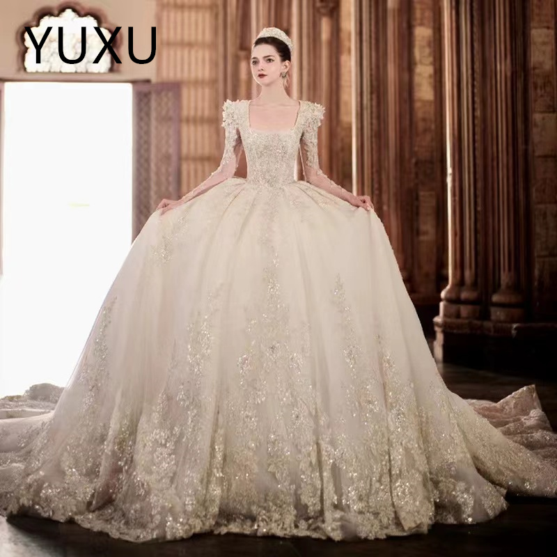 White Wedding Dresses Ivory Bridal Gowns princess ball gown Applique Custom sexy heart backless Plus Size New sweep trrain Long Sleeve Illusion square