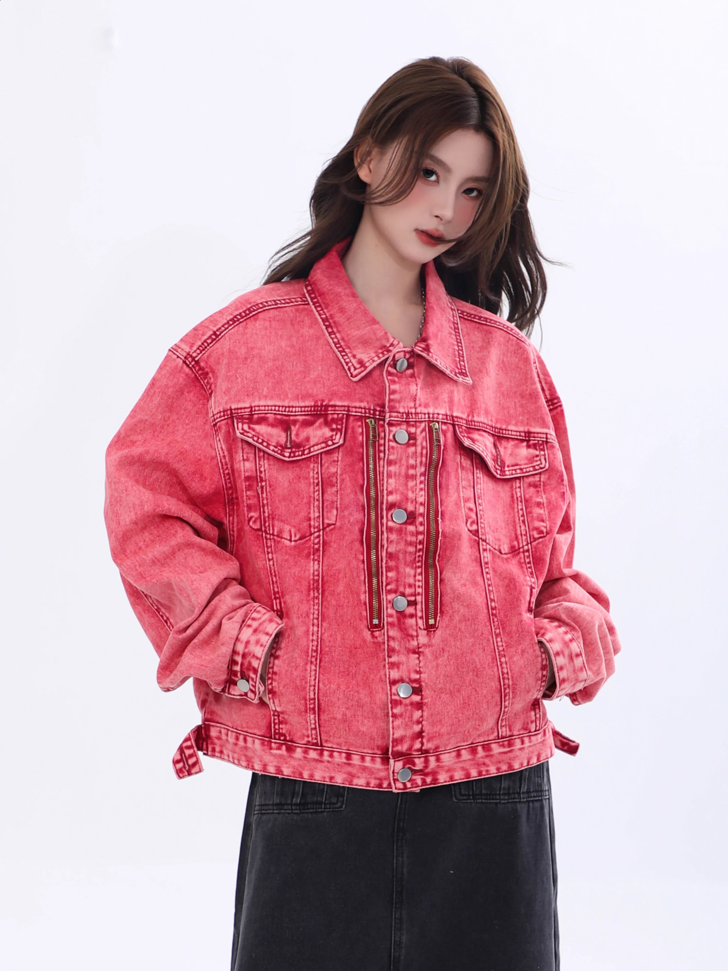 REDDACHiC Y2k Red Distressed Women Bomber Jacket Vintage Wash Zipper Patchwork Demi-season Denim Jacket Korean Vintage Clothes 240814