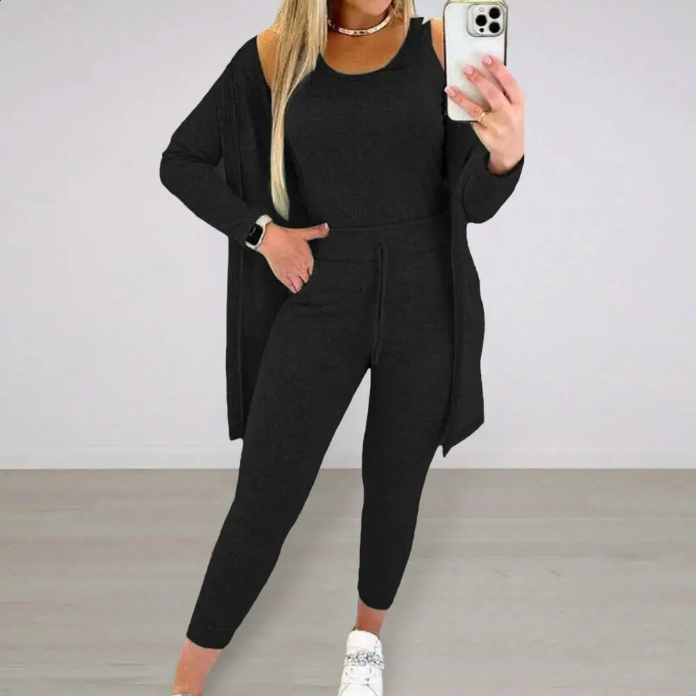 3 Pcs/Set Women Coat Vest Pants Suit High Waist Elastic Sweatpants Sleeveless Vest Mid Length Coat Sports Fall Winter Tracksuit 240809