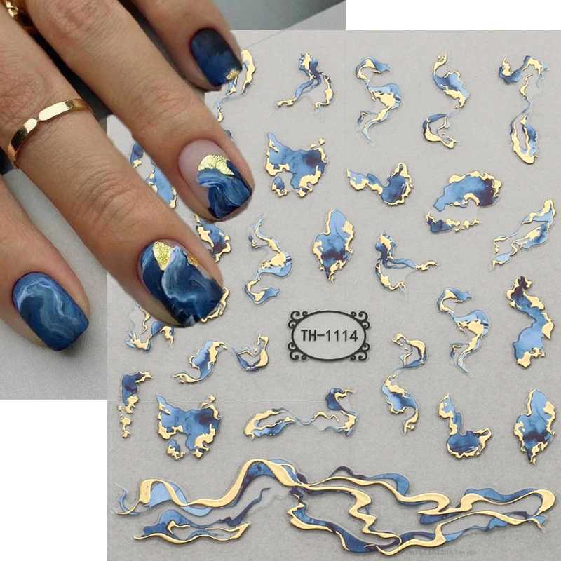 3D Nail Art Stickers Golden Wave Line Marble Blue Geometry Abstract Flowers Nail Art Sliders Decals Foils Manicure DecorationsXJ240814
