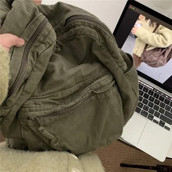 Vintage Backpack for Women Preppy Style Canvas Women Rucksack Zipper Casual Medium-Capacity European-American Style Female Bag 240813