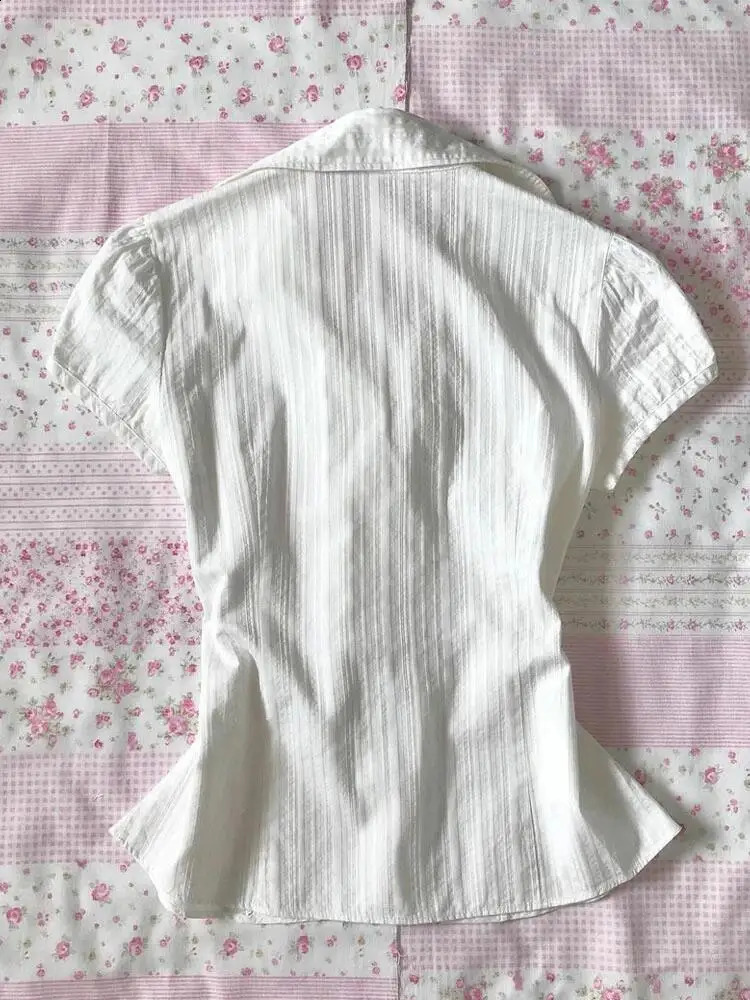 Y2k Top 90s Retro Clothing Womens White Punk Slim Bow Aesthetics Lace Harajuku Girls Tshirt Crop Short Sleeve 240814