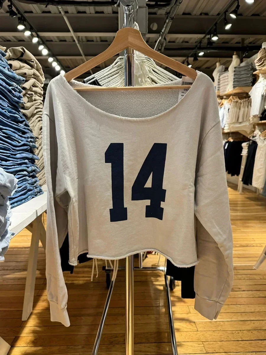 Womens 14 printed oversized long sleeved crop top autumn exclusive collar raw hem cotton loose cut Tshirt 240814