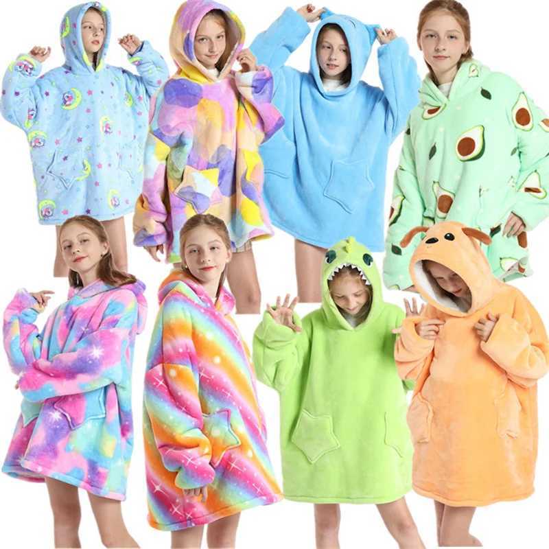 Winter Sherpa TV Blanket Kids Soft Plush Sweatshirt Hoodie Children Warm Flannel Hooded Animal Giant Blankets Pullover Pajamas Y240815