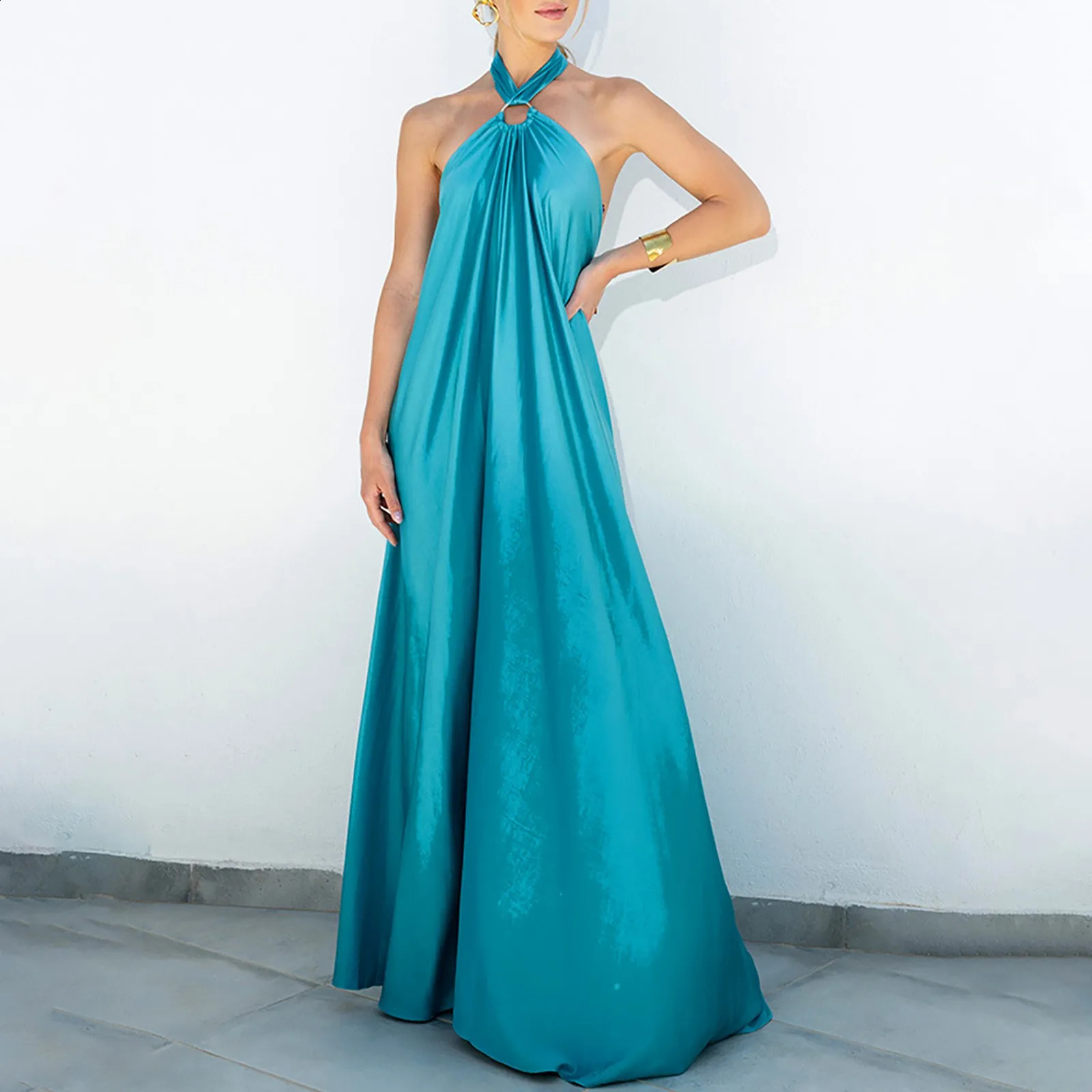 Halter Neck Satin Dresses Women Outfits Summer Sexy Sleeveless Side Slit Flowy Plead Long Dress Female Formal Occasion Dress 240815