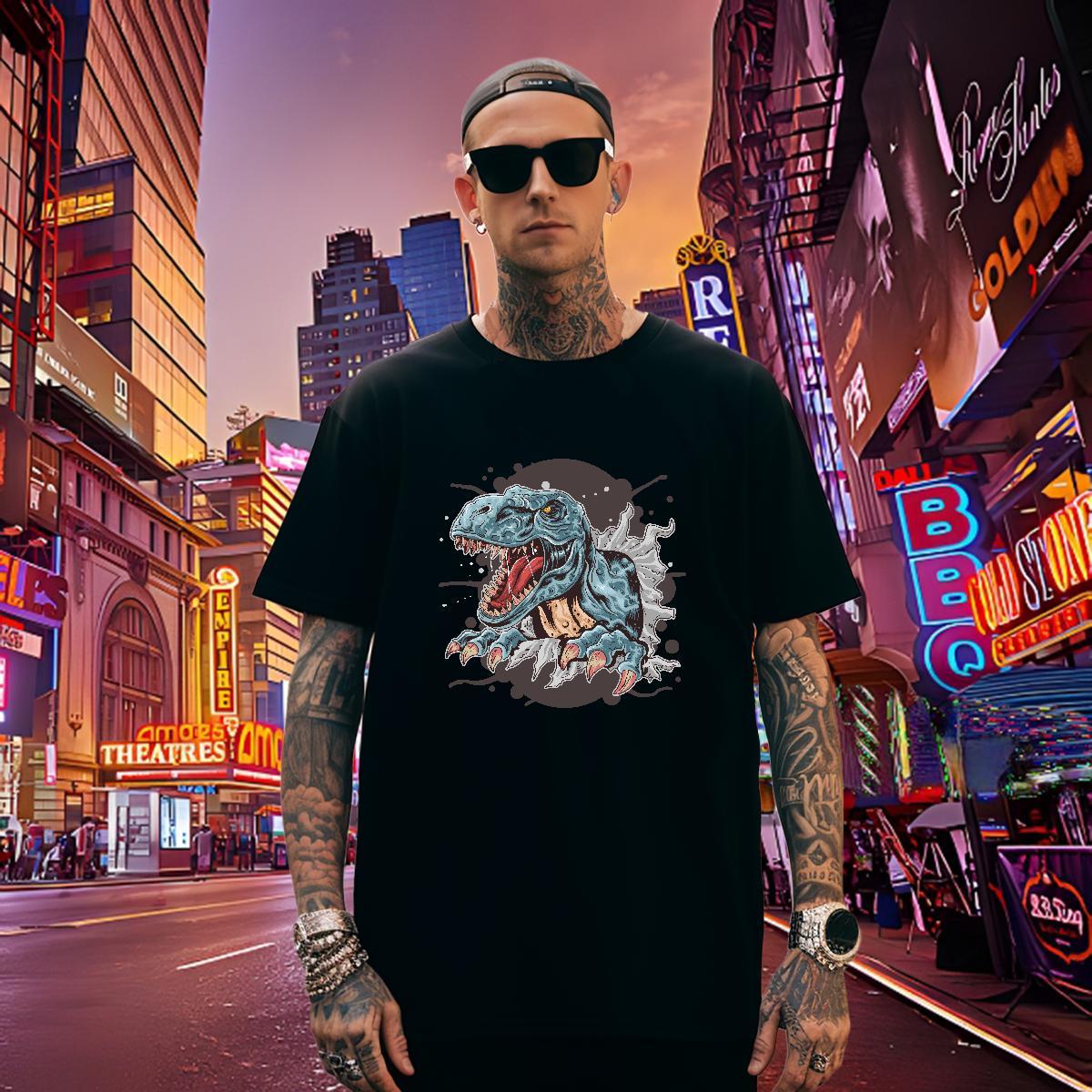 Loose Fit T-Shirts for Men dinosaur Breathable Crew Neck Beach Asian Size 230g Pure Cotton Mens Tshirts 2024 Designer Tops