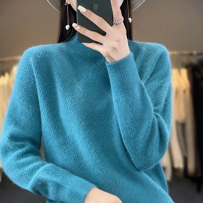 DjzDsm 100% mink cashmere fleece sweater autumnwinter half turtle neck loose wool thickest womens bottom 240814