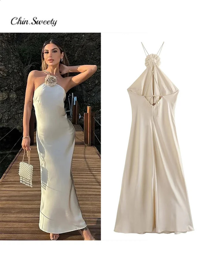Party Satin Halter 3D Flower Long Dress Women Fashion Lace-up Sleeveless Backless Dresses 2024 Summer Lady Elegant Beach Robes 240814