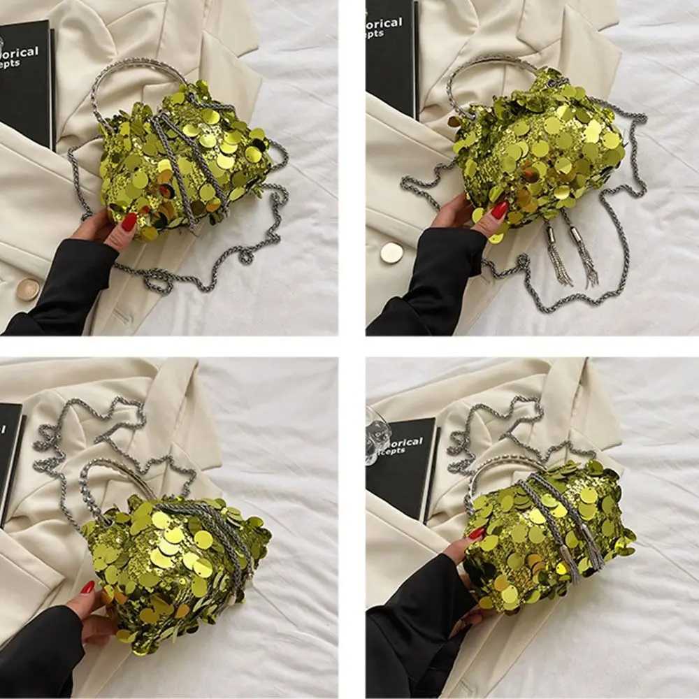 Fashion Women Sequin Shoulder Bag Mini Bucket Shiny Handbags Purses New Chain Crossbody Bags with Round Handle CL240815