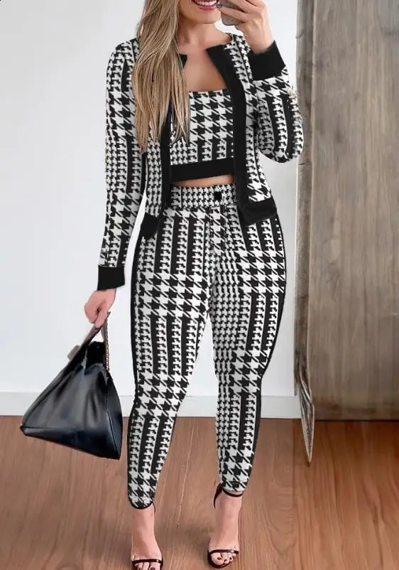 Two Piece Set Women Outfit Spring Fashion Plaid Print Contrast Paneled Open Front Long Sleeve Coat Elegant Skinny Pants Set 240815