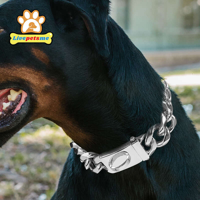 Stainless Steel Dog Collar Choker, Solid Buckle Metal Cuban Link Chain, Luxury Pets Necklace For Dog Walking, Heavy Duty Zozostore
