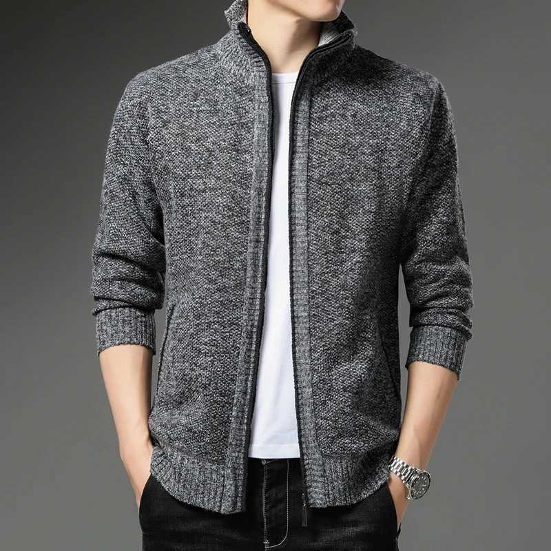 Mens Knit Sweater Stand Collar Cardigan Coat Autumn Winter Fleece Warm Clothes Korean Casual Cardigans Knit JacketXJ240907