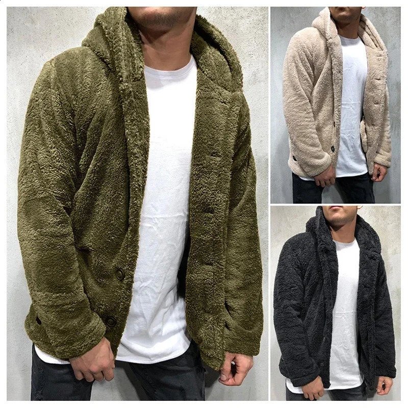 Mens Teddy Bear Fleece Coat Cardigan Winter Warm Hooded Coat Fashion Solid Color Long Sleeve Pocket Button Hooded Warm Coat 240814