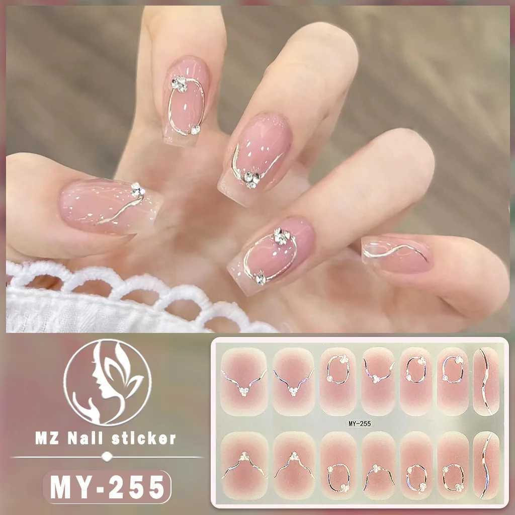 16Tips Baking-free Nail Stickers Long-Lasting Glittering Flowers In Summer Nail Strips Patch Slider Full Cover DecalXJ240814