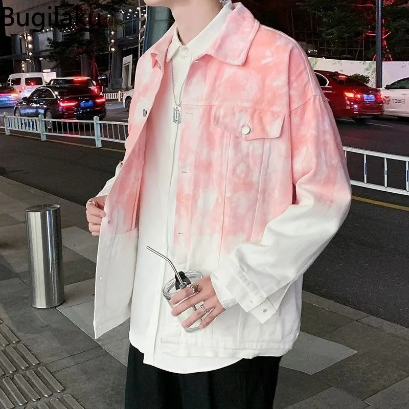 Pink Tie Dyed Jean Jacket Mans Gradient Color High Street Couple Jacket Spring and Autumn Long Sleeve Lapel Coats Ropa Hombre 240814