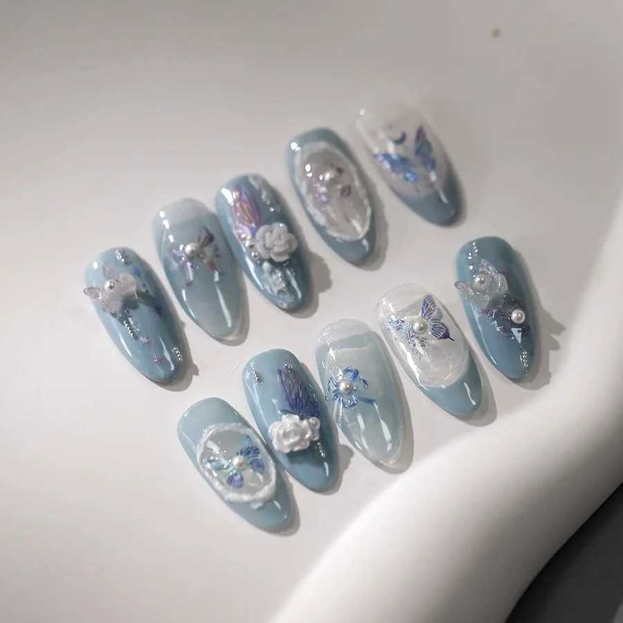 Blue Purple Butterfly Rose Bowknot Starlight Polarized 3D Self Adhesive Nail Art Stickers Pearl Rhinestone Chic Manicure DecalsXJ240814