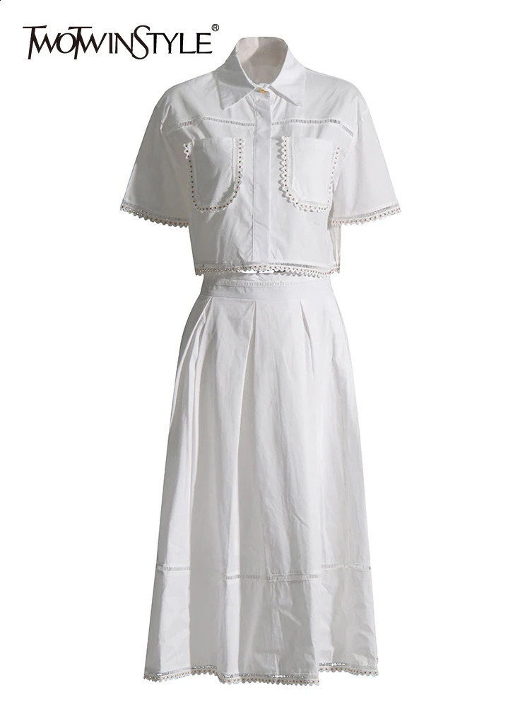 TWOTWINSTYLE Summer Two Piece Sets For Women Lapel Short Sleeve Tops High Waist A Line Skirt Solid Set Female Fashion Clothing 240815