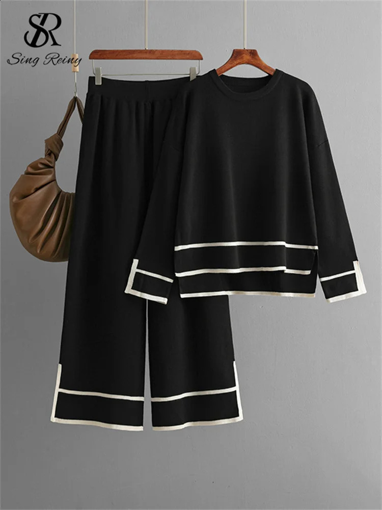 SINGREENY Fashion Knitted Set Womens Oneck Colorful Block Split TopHigh Waist Wide Leg Pants Casual Sweater 2PC 240809
