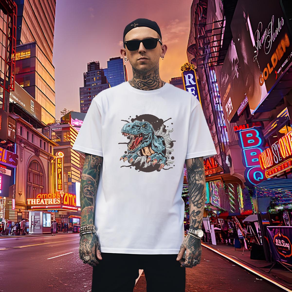 Loose Fit T-Shirts for Men dinosaur Breathable Crew Neck Beach Asian Size 230g Pure Cotton Mens Tshirts 2024 Designer Tops