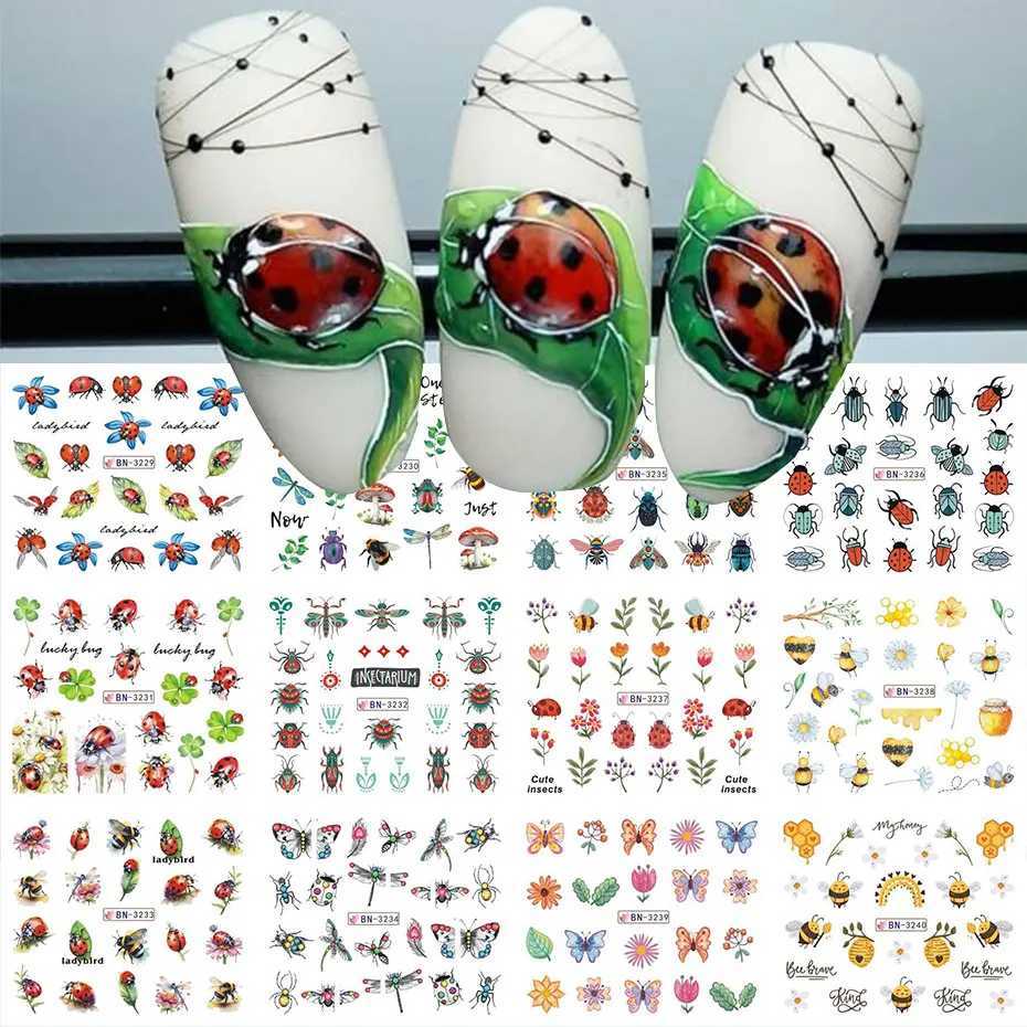 12pc Cute Ladybugs Water Decals 3D Kawaii Insect Butterfly Bee Nail Stickers Cartoon Leaves Flowers Watercolor Nail Slider DecorXJ240814