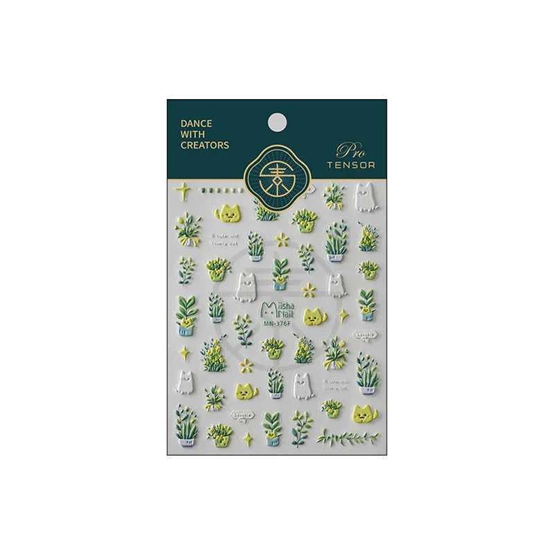 1Pcs Lovely Cat Green Potted Plant Flowers Nail Stickers 5D Reliefs Self Adhesive Nail Art Stickers Manicure Decorations DecalsXJ240814