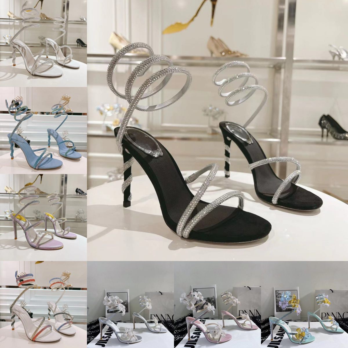 renee caovilla designer heels sandals Pearl Crystals Gem Embellished stiletto Heels Evening women high heeled Designers Wraparound Dress shoes slide