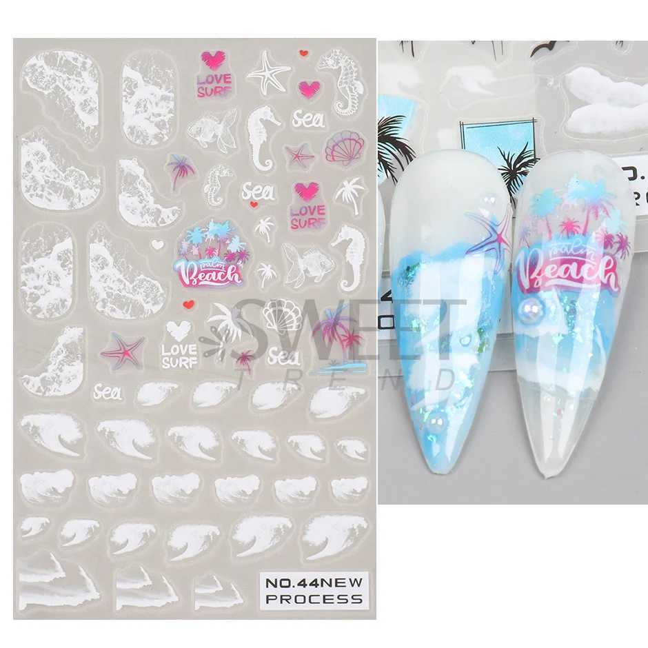 Sea Animal Jellyfish Nail Stickers Blue Shell Star Fish 3D Decals Beach Wave Palm Tree Nail Art Sliders Scrub Spring Design SANOXJ240814