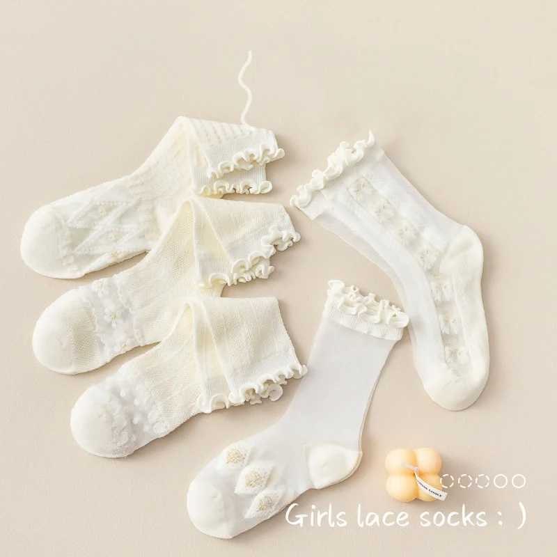 5 pairs of girls thin white stockings summer childrens executives fungus lace princess calf girl mesh breathable W240814