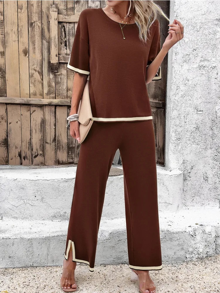 Fitaylor Summer Womens twopiece Oneck Top and Wide Leg Mens Casual Pants Set 240814