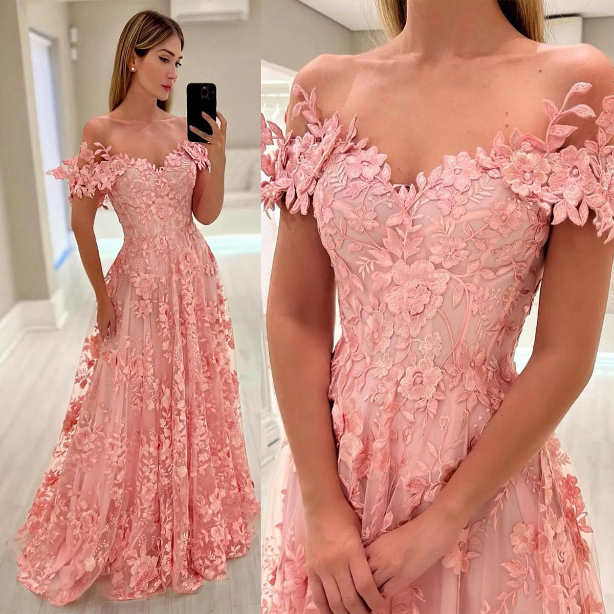 Pink A Line Evening Dresses Off Shoulder Lace Applique Illusion African Plus Size Prom Formal Gowns Vestidos